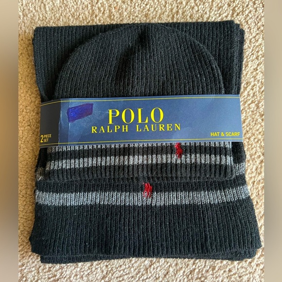 New Polo by Ralph Lauren Scarf  and Hat Set in Gray and Black NWT - Picture 1 of 4